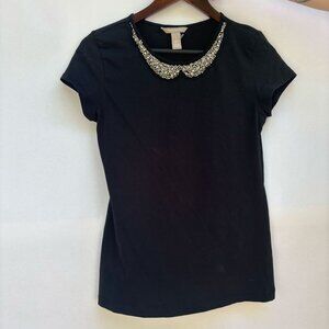 Banana Republic T-Shirt with Rhinestone Beaded Peter Pan Collar, Size Small
